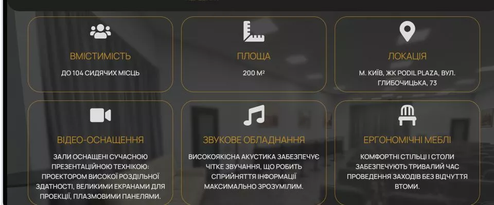 Конференц-зал ЖК Podil Plaza 2500 грн/год до 104 сидячих місць 200 м²